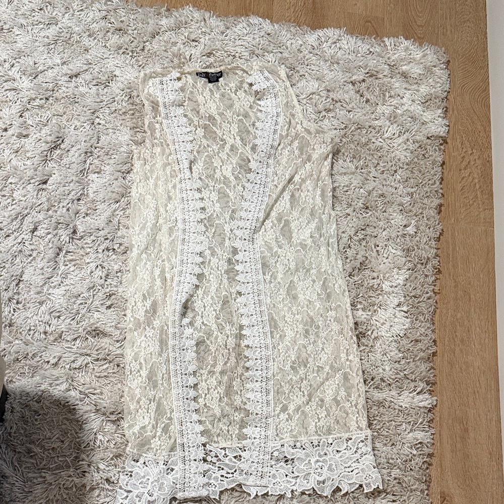 White Cream Lace Open Front Vest Size L Boho Beach Cover Up Festival
